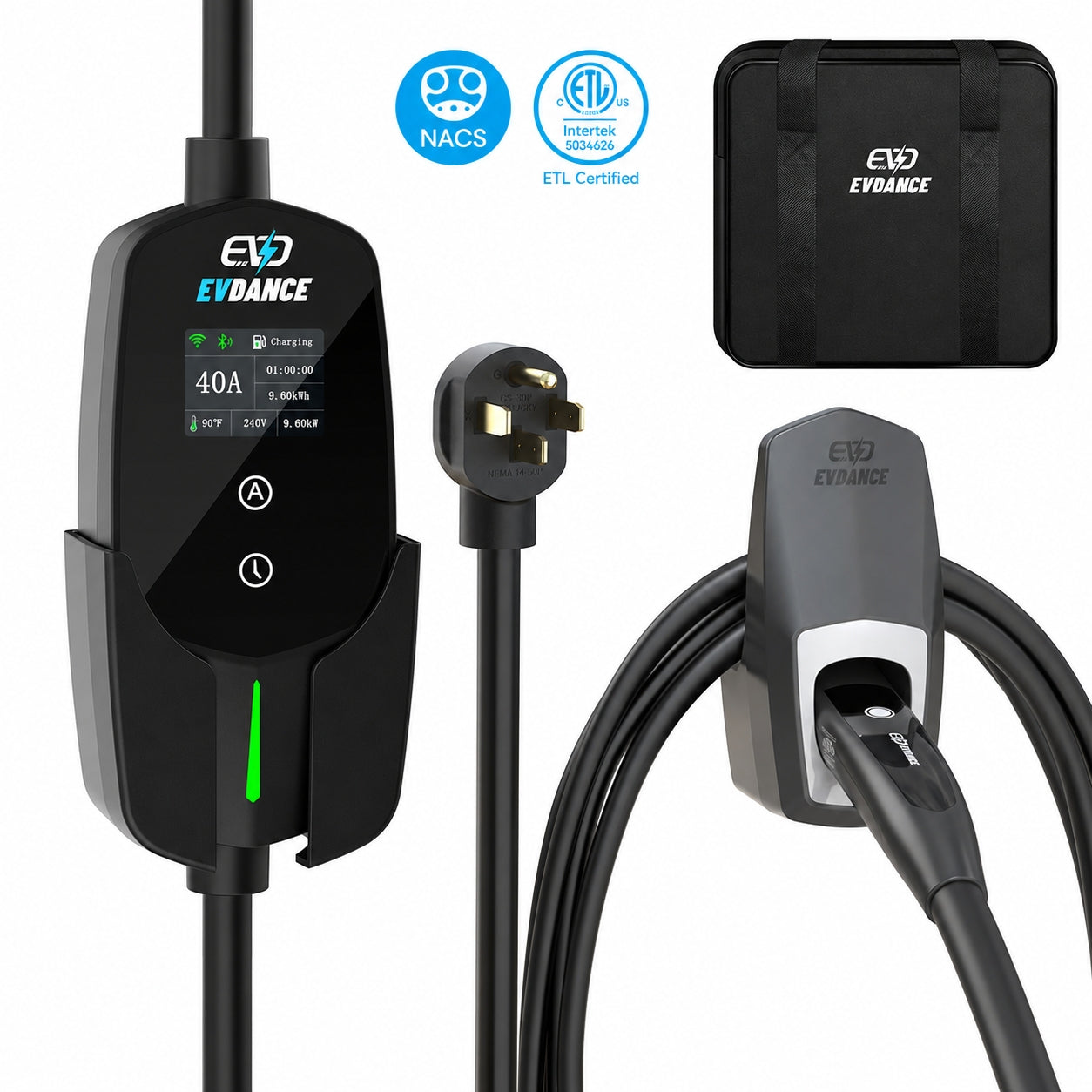 EVDANCE Flux Level 2 NEMA 14-50 40A Tesla Portable EV Charger Wifi Enabled