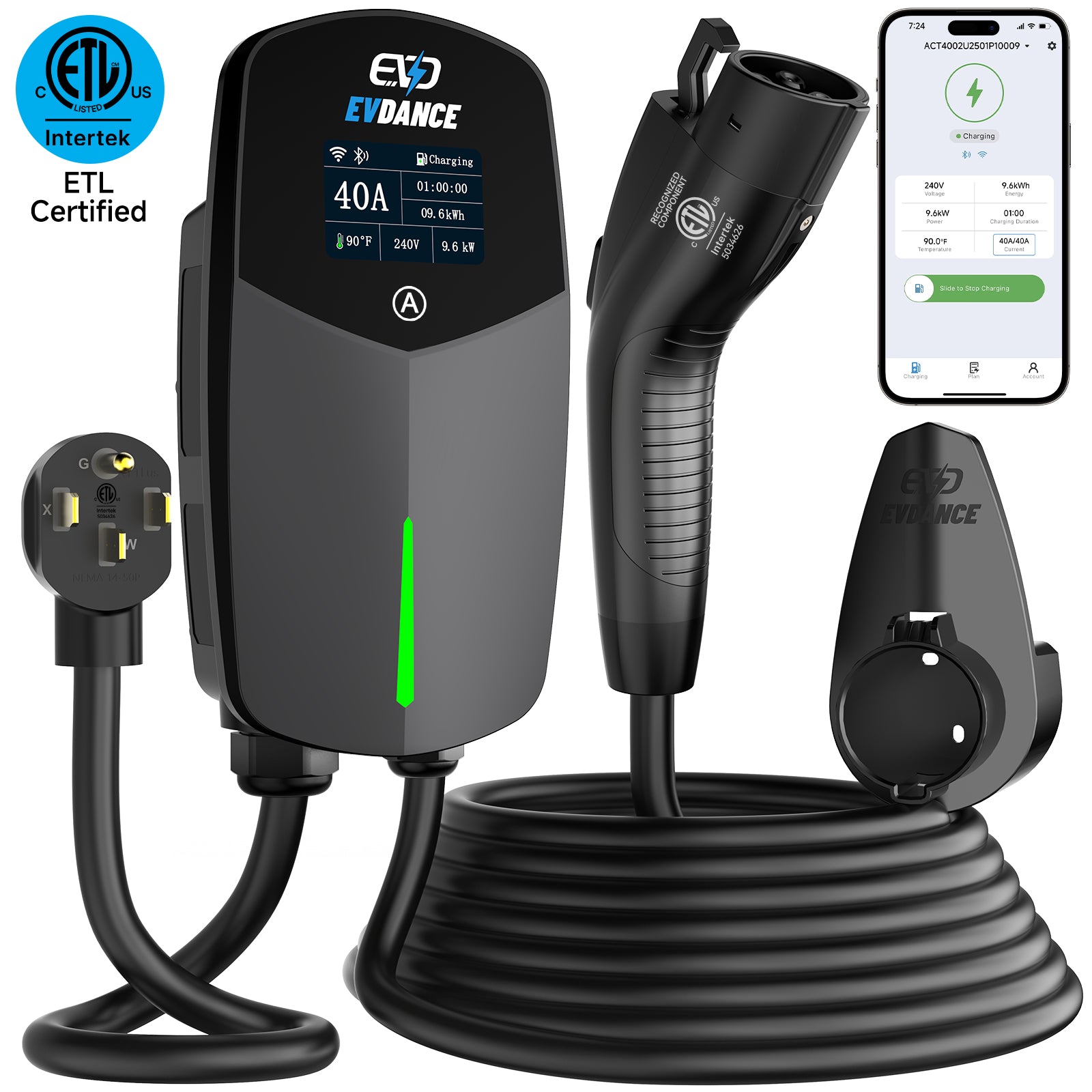 EVDANCE  Home Level 2 EV Charger NEMA 14-50 J1772 Wall-mounted Plug In - 40A | ETL Certification