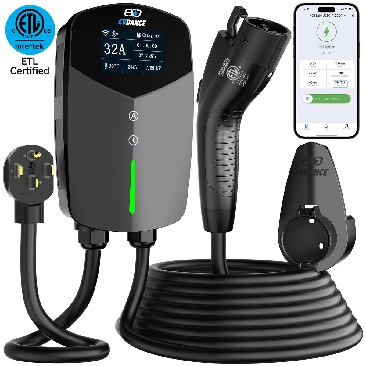 EVDANCE Home Level 2 EV Charger NEMA 14-50 J1772 Wall-mounted Plug In-32A | ETL Certification