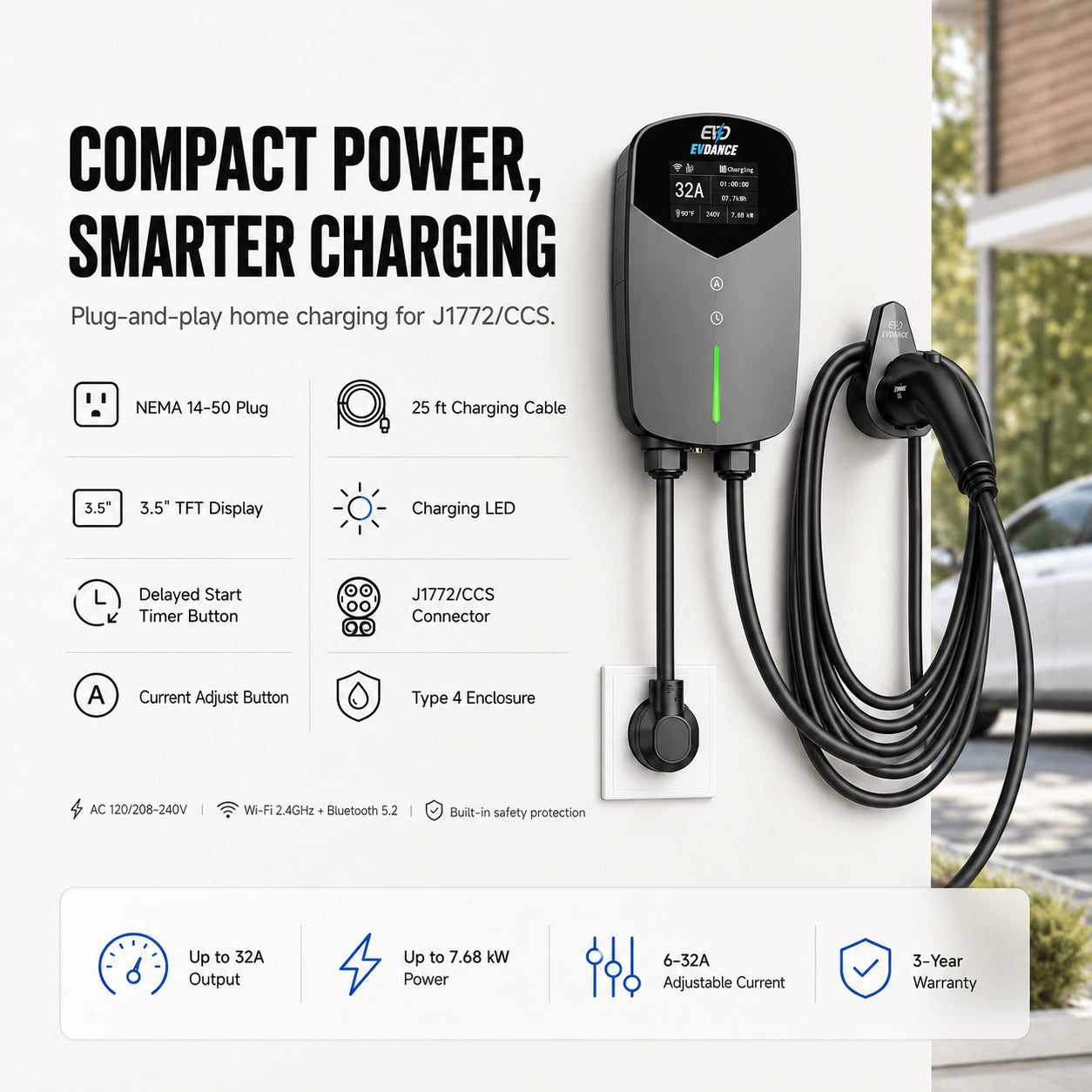 EVDANCE Home Level 2 EV Charging J1772 NEMA 14-50 Plug ETL Certified - 32A | 240V
