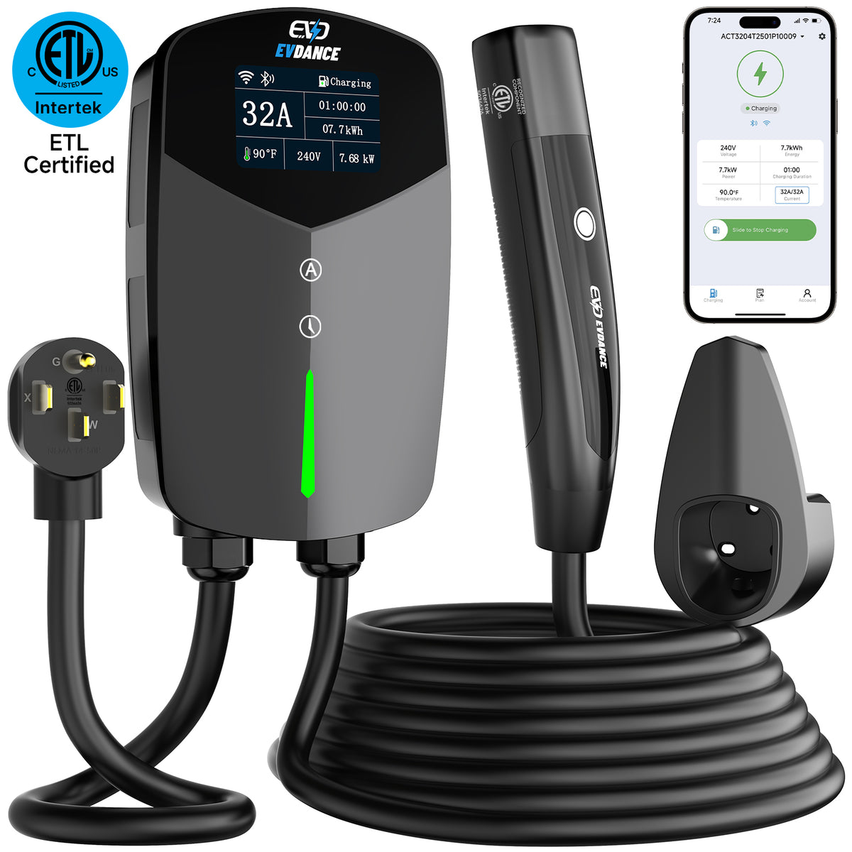 EVDANCE Home Level 2 EV Charger NEMA 14-50 NACS Tesla Wall-mounted Plug In-32A | ETL Certification