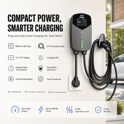 EVDANCE Home Level 2 EV Charging NACS Tesla NEMA 14-50 Plug ETL Certified - 32A | 240V