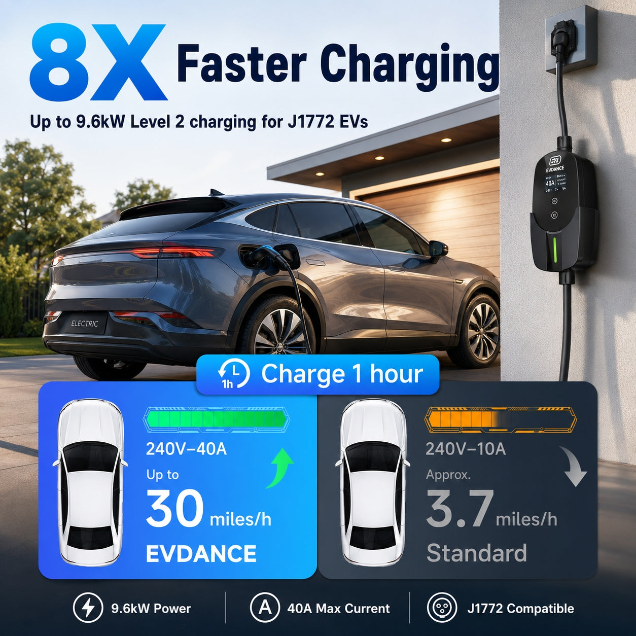 Chargeur EV portable EVDANCE niveau 2 NEMA 10-30 24A NACS 