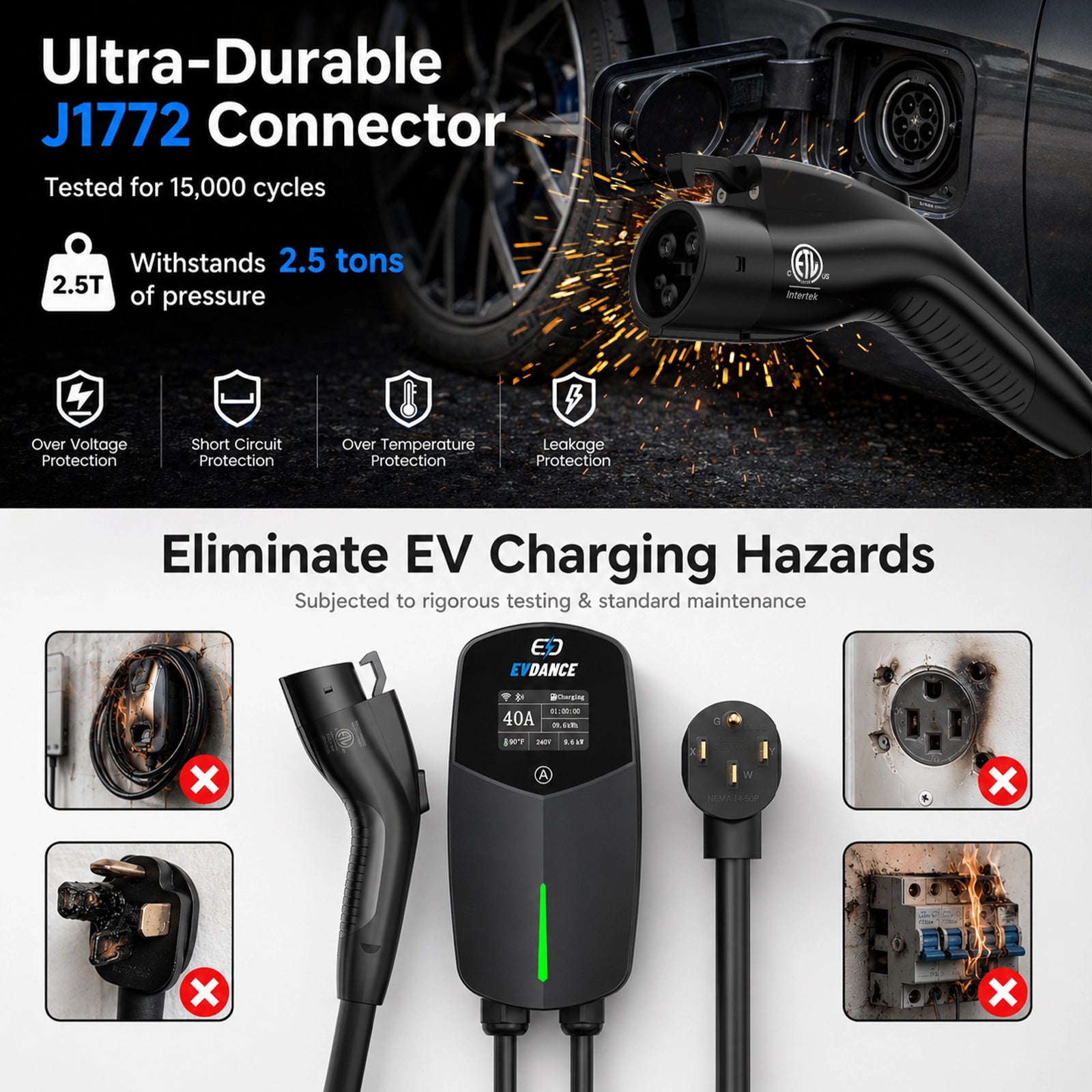 EVDANCE  Home Level 2 EV Charger NEMA 14-50 J1772 Wall-mounted Plug In - 40A | ETL Certification