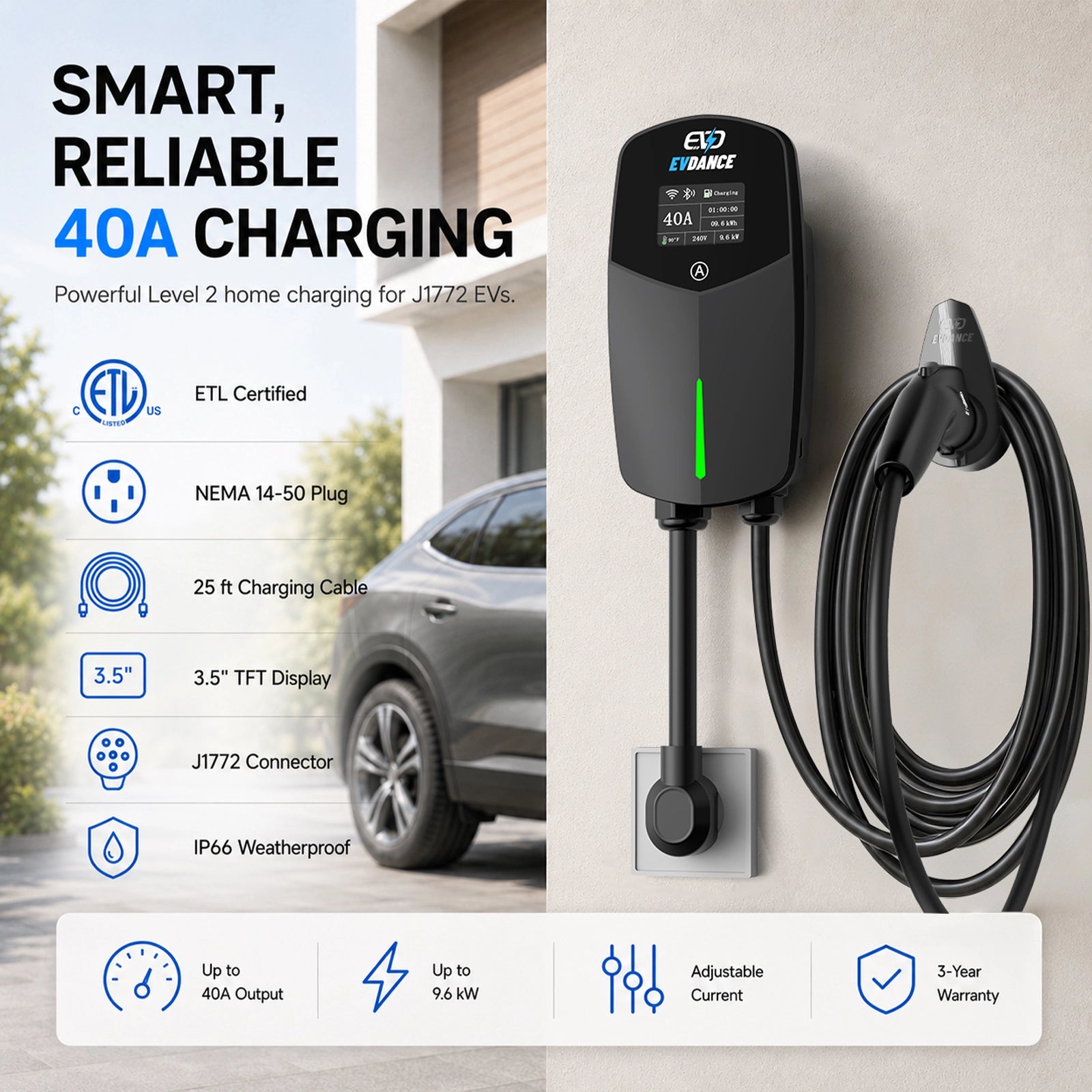 EVDANCE  Home Level 2 EV Charger NEMA 14-50 J1772 Wall-mounted Plug In - 40A | ETL Certification