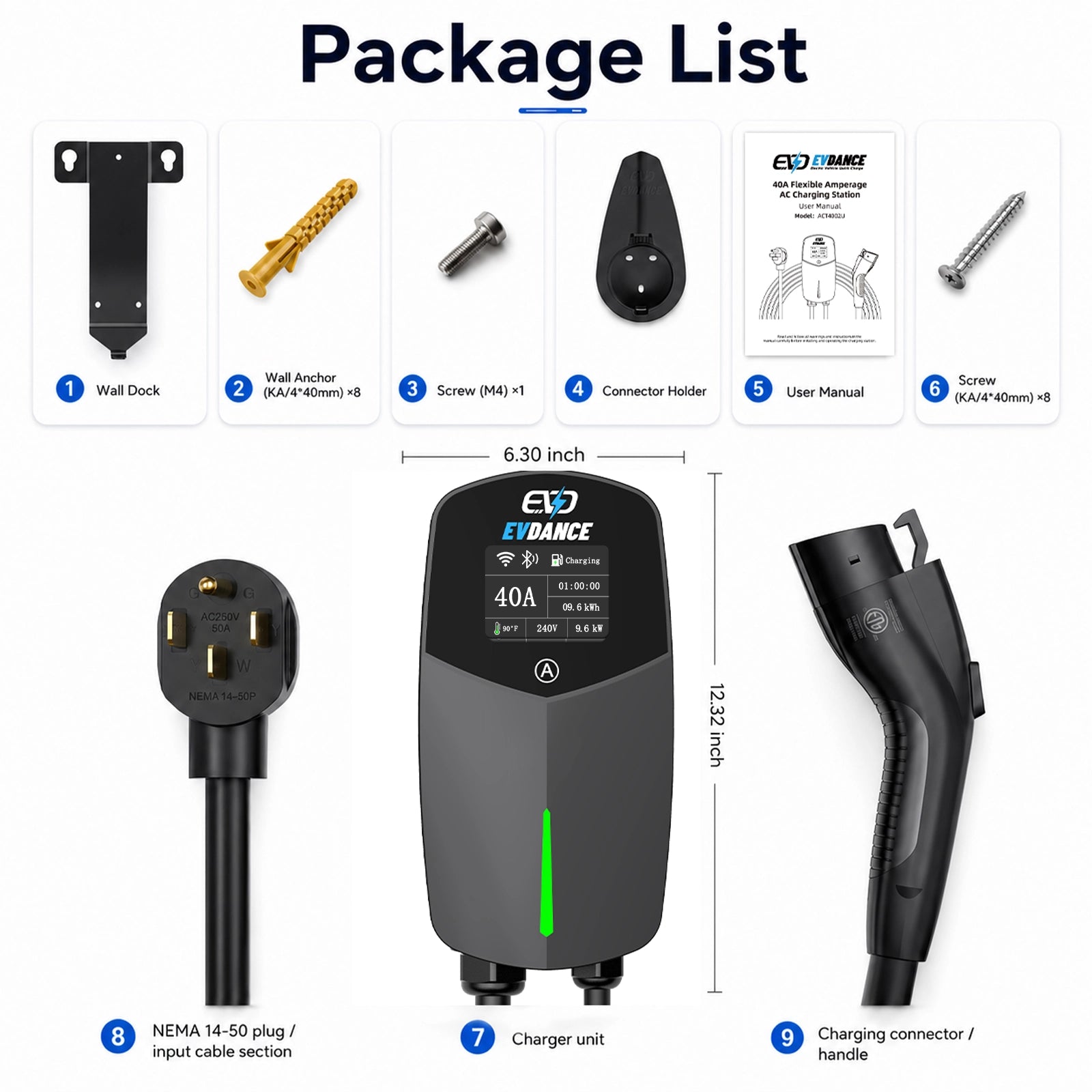 EVDANCE  Home Level 2 EV Charger NEMA 14-50 J1772 Wall-mounted Plug In - 40A | ETL Certification