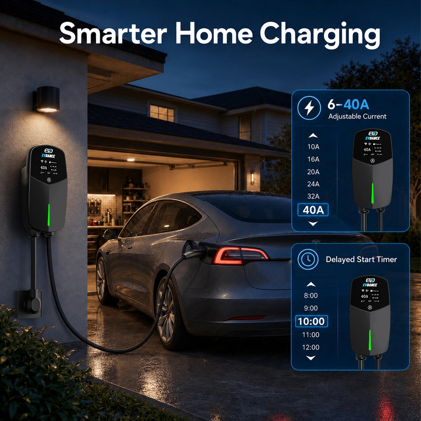 EVDANCE Level 2 EV Charger NEMA 14-50 NACS Wall-mounted Plug In - 40A | ETL Certification