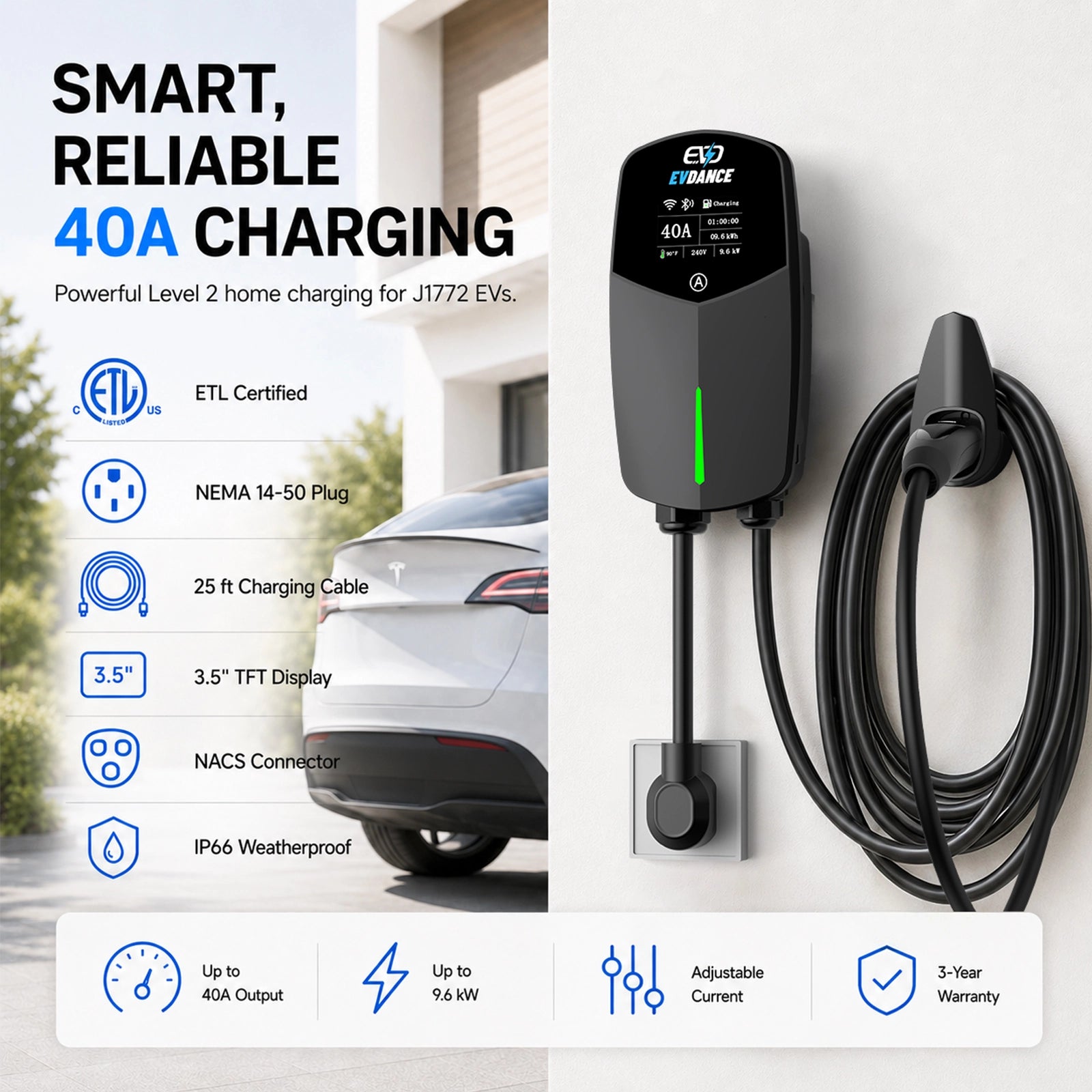 EVDANCE Level 2 EV Charger NEMA 14-50 NACS Wall-mounted Plug In - 40A | ETL Certification