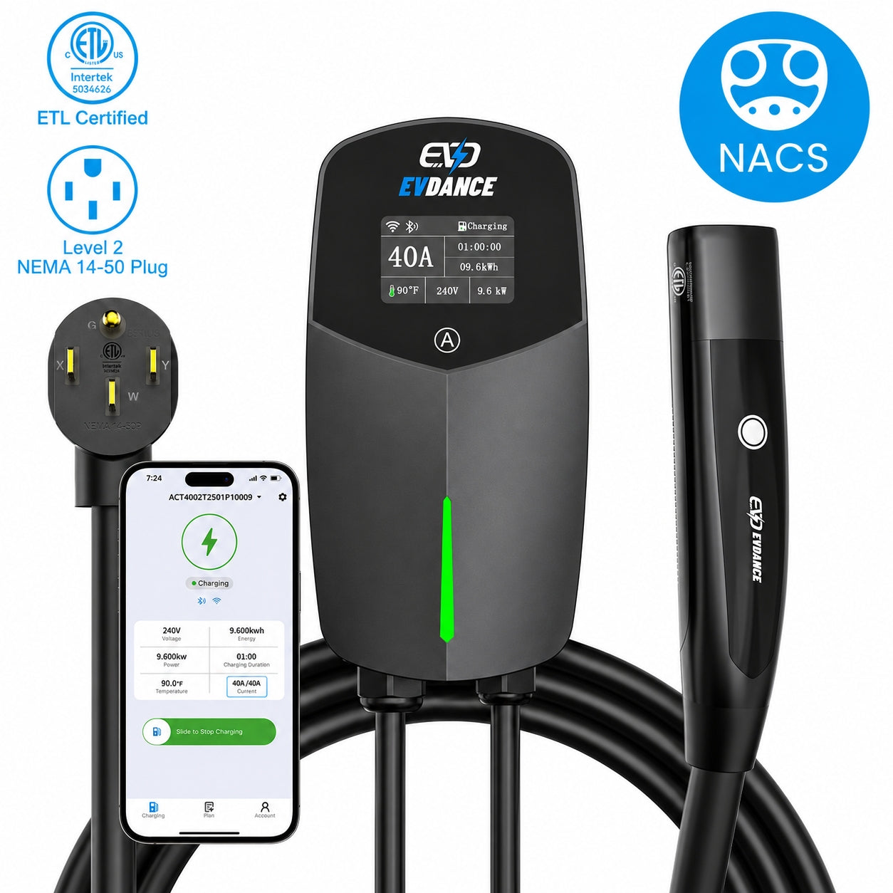 Level 2 EV Charger NEMA 14-50 NACS Wall-mounted Plug In - 40A | ETL Certification - Affiliated Shops