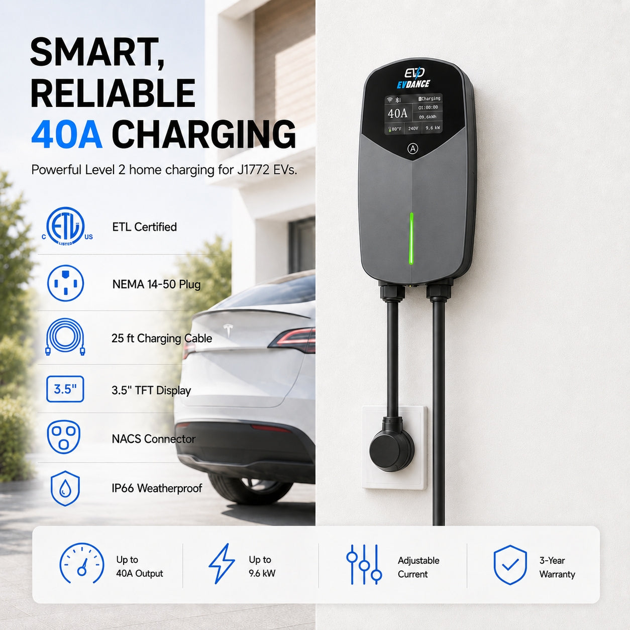 EVDANCE Level 2 EV Charger NEMA 14-50 NACS Wall-mounted Plug In - 40A | ETL Certification