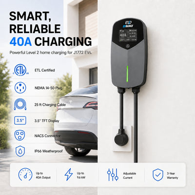 EVDANCE Level 2 EV Charger NEMA 14-50 NACS Wall-mounted Plug In - 40A | ETL Certification