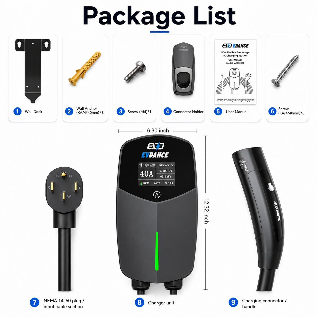 EVDANCE Level 2 EV Charger NEMA 14-50 NACS Wall-mounted Plug In - 40A | ETL Certification