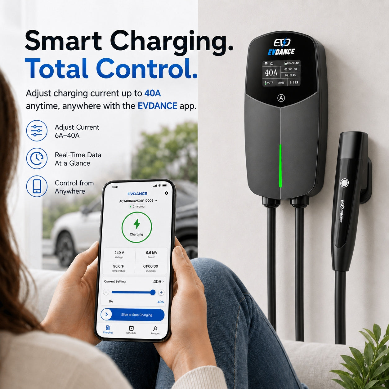 EVDANCE Level 2 EV Charger NEMA 14-50 NACS Wall-mounted Plug In - 40A | ETL Certification