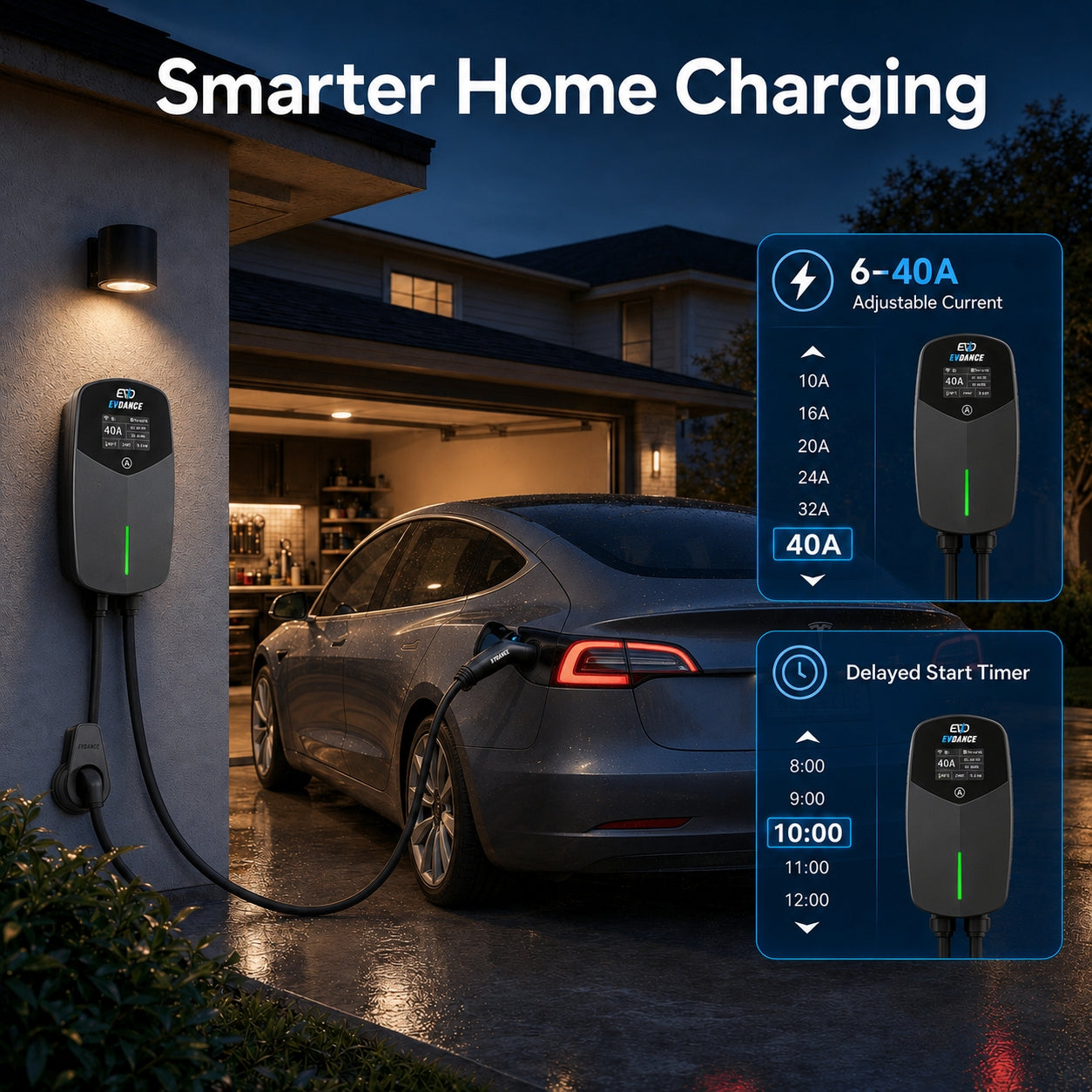 EVDANCE Level 2 EV Charger NEMA 14-50 NACS Wall-mounted Plug In - 40A | ETL Certification