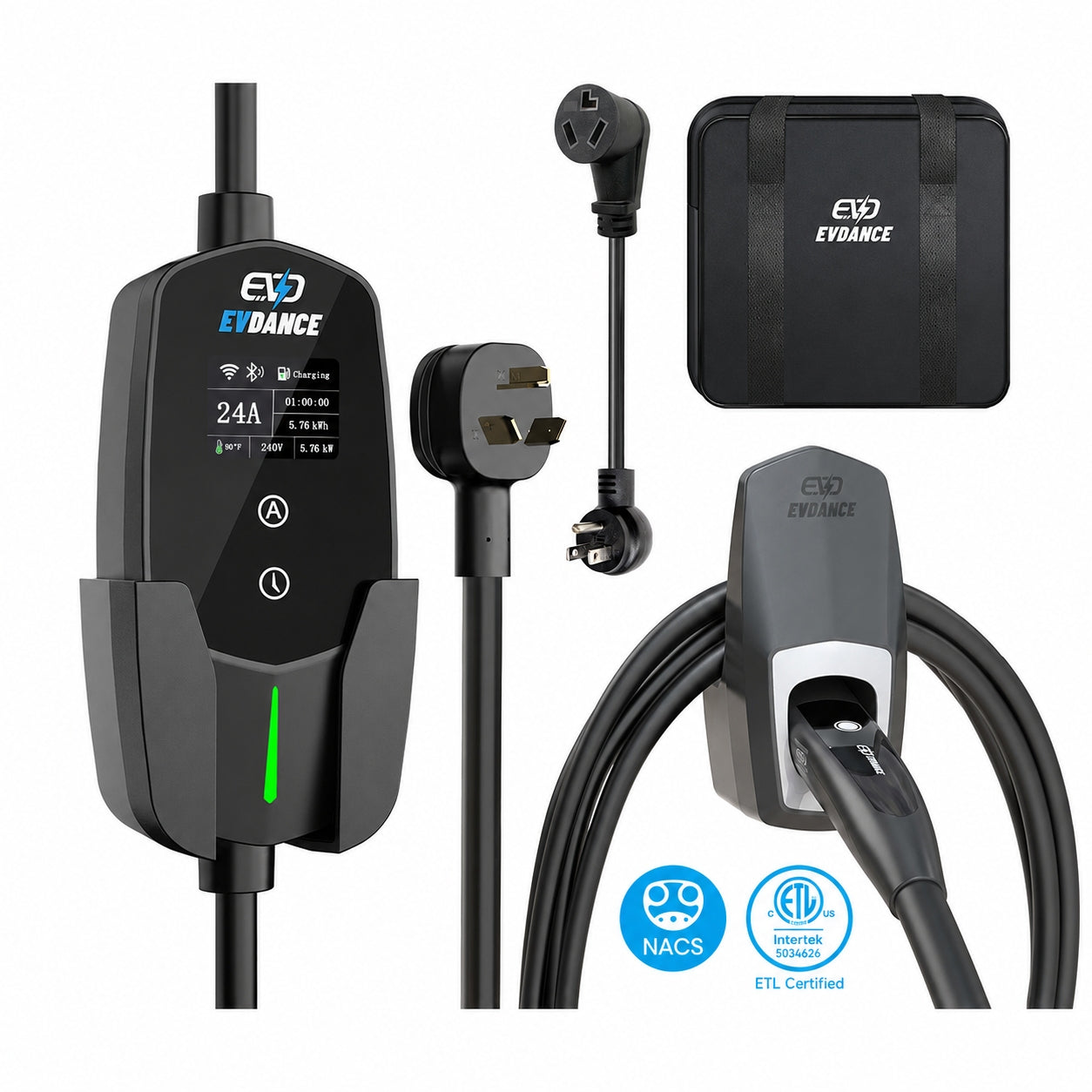 EVDANCE Level 2 NEMA 10-30 24A NACS Portable EV Charger | ETL Certification