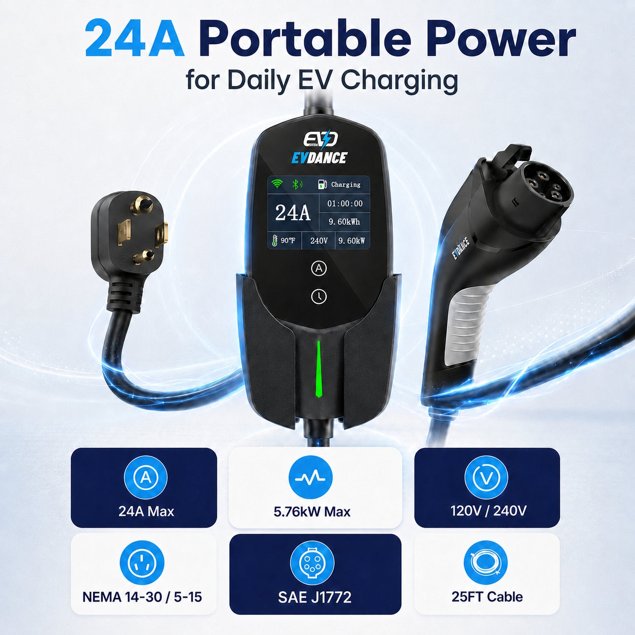 Chargeur de véhicule électrique portable EVDANCE niveau 2 NEMA 14-30 24 A J1772 