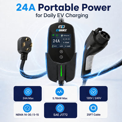 Chargeur de véhicule électrique portable EVDANCE niveau 2 NEMA 14-30 24 A J1772 