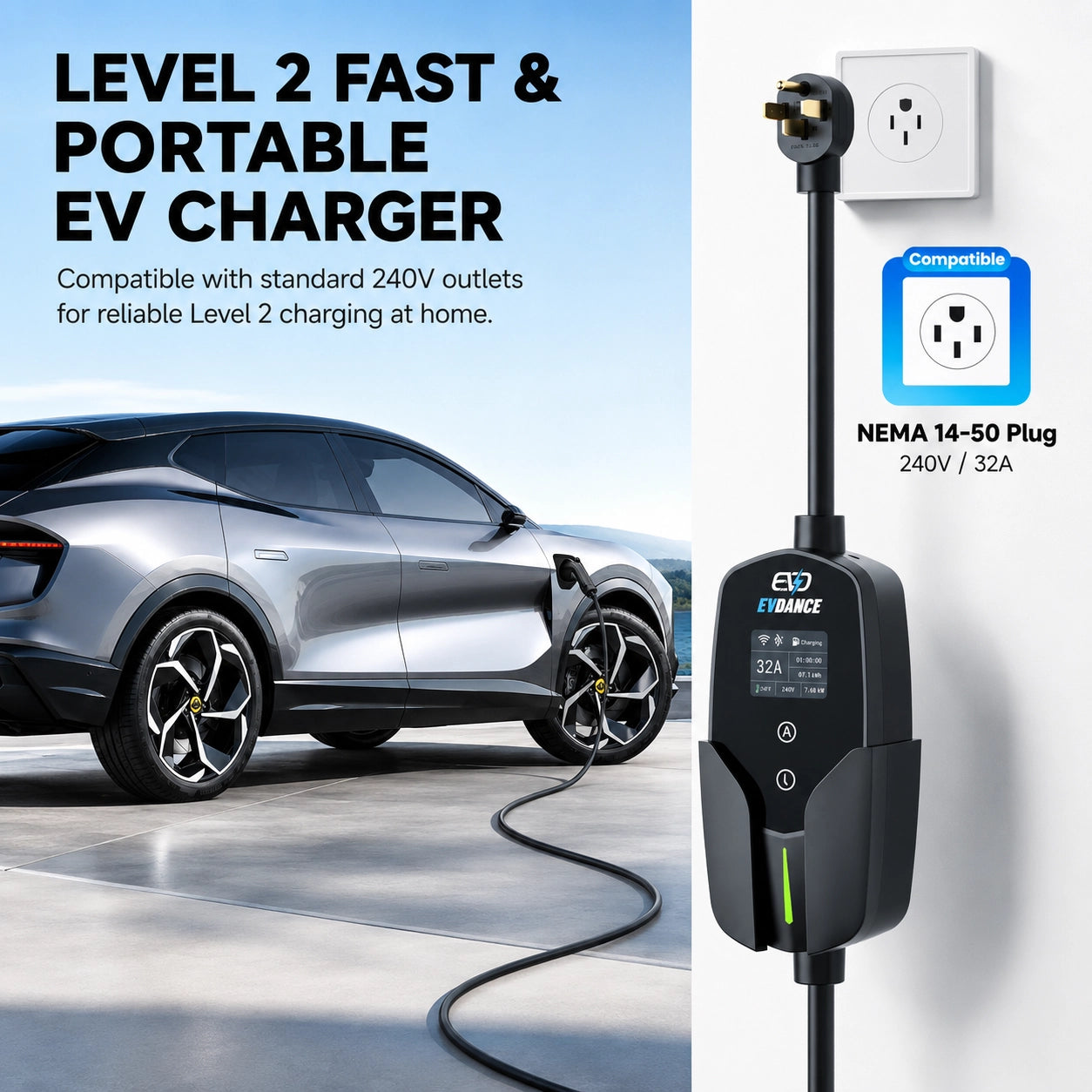 EVDANCE Level 2 NEMA 14-50 32A J1772 Portable EV Charger | ETL Certification