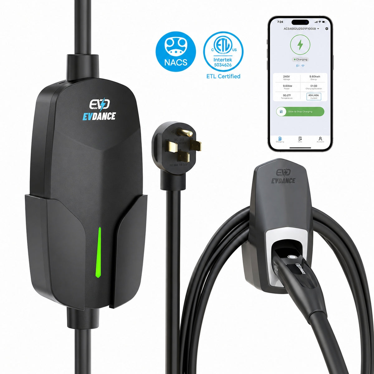 EVDANCE Chargeur portable/mural niveau 2 Tesla EV, 32 A, 240 V, 25 pieds