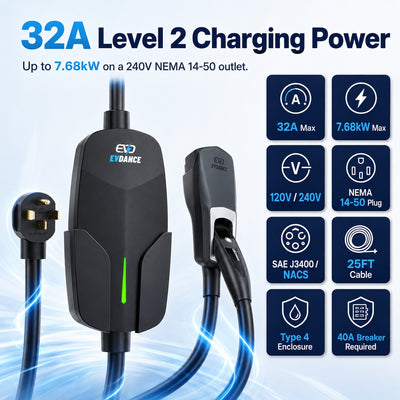 EVDANCE Level 2 NEMA 14-50 32A Tesla/NACS Portable EV Charger