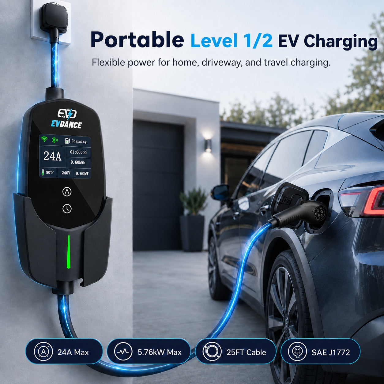 EVDANCE Level 2 NEMA 10-30 24A J1772 Portable EV Charger