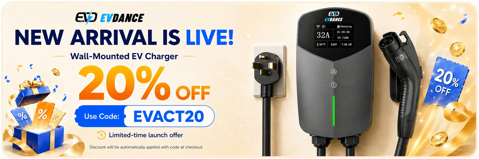 EVDANCE Home Level 2 EV Charaer NEMA 14-50 J1772 Wall-mounted Pug In-32A | ETL Certification