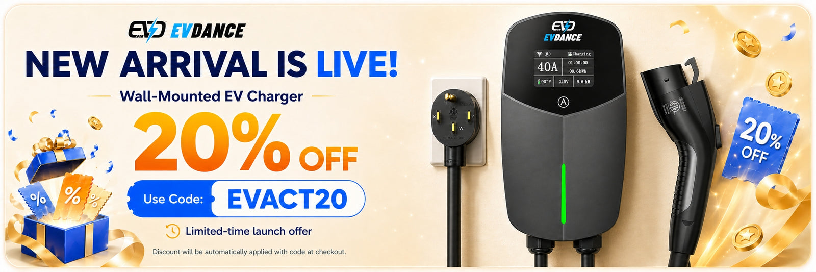 EVDANCE  Home Level 2 EV Charger NEMA 14-50 J1772 Wall-mounted Plug In - 40A | ETL Certification