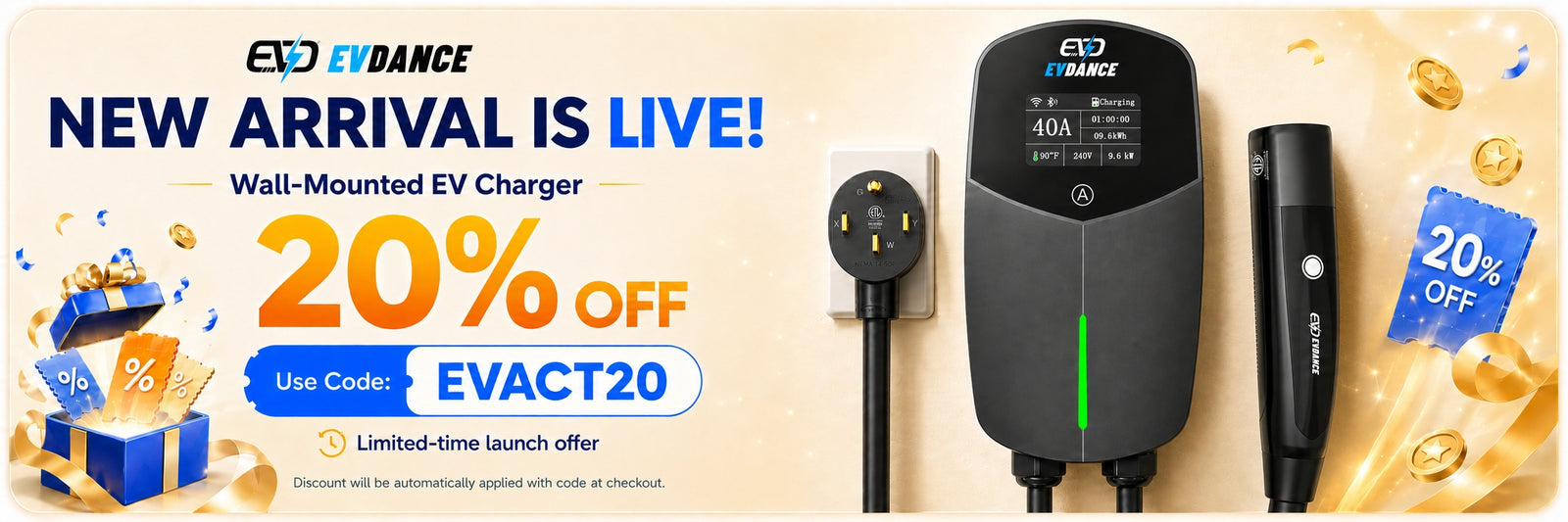 EVDANCE Level 2 EV Charger NEMA 14-50 NACS Wall-mounted Plug In - 40A | ETL Certification