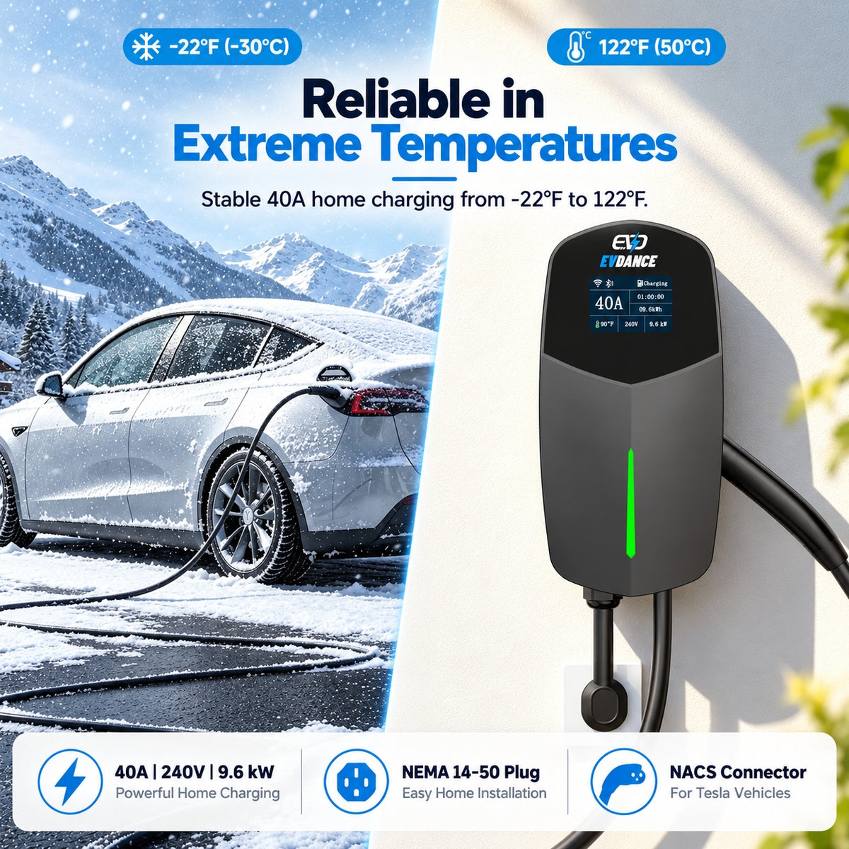 EVDANCE  T40 Level 2 EV Charger NEMA 14-50 NACS Wall-mounted - 40A | ETL Certification