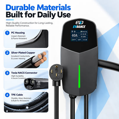 EVDANCE  T40 Level 2 EV Charger NEMA 14-50 NACS Wall-mounted - 40A | ETL Certification