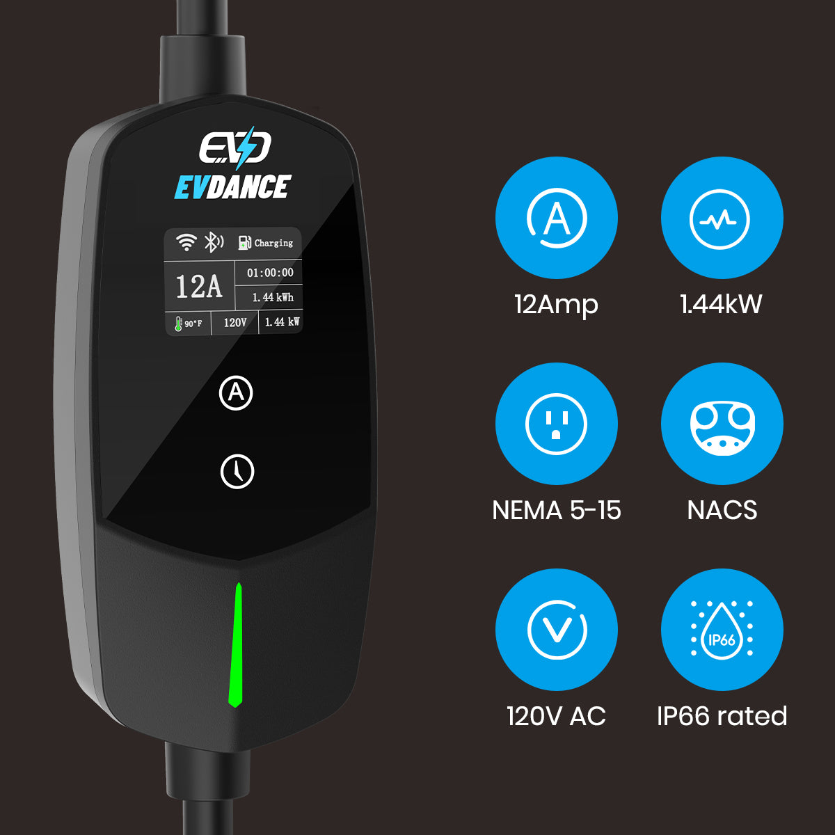 EVDANCE Flux Level 1 NEMA 5-15 Plug 12A NACS/Tesla Portable EV Charger