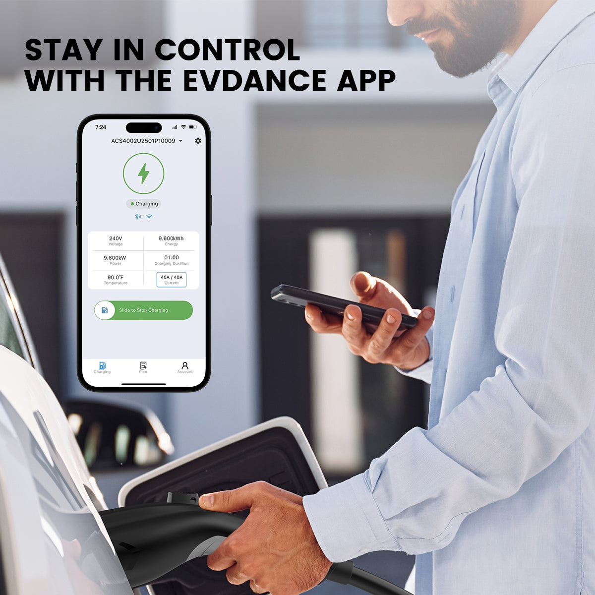 EVDANCE Flux NEMA 14-50 Plug J1772 40A Portable EV Charger can stay in control with the EVDANCE APP
