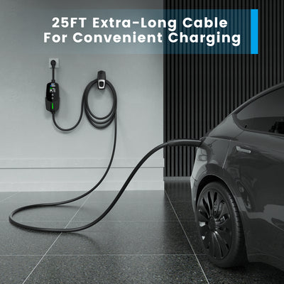 A Tesla Model Y parked in a garage charging with the EVDANCE Flux Tesla Portable Charger.