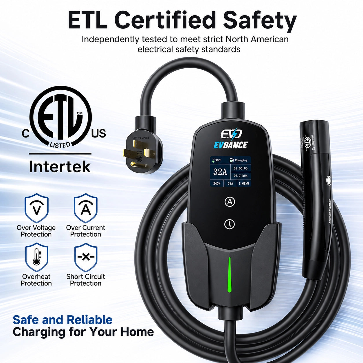EVDANCE Level 2 NEMA 14-50 32A Tesla/NACS Portable EV Charger | ETL Certification